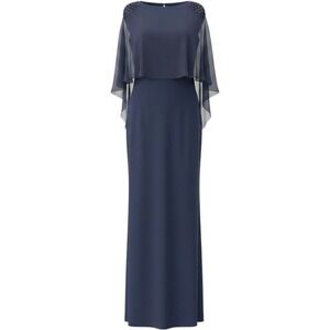 XSCAPE Navy Blue Chiffon Capelet Beaded Shoulder Evening Gown Dress‎ 6